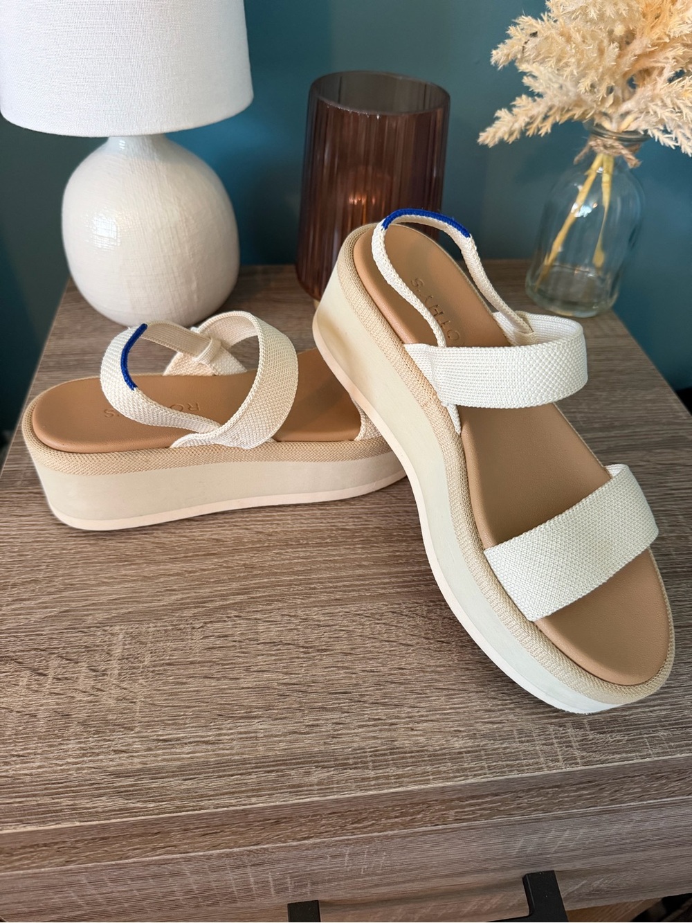 Rothy's Cream Platform Slingback Sandals with Blue Accent